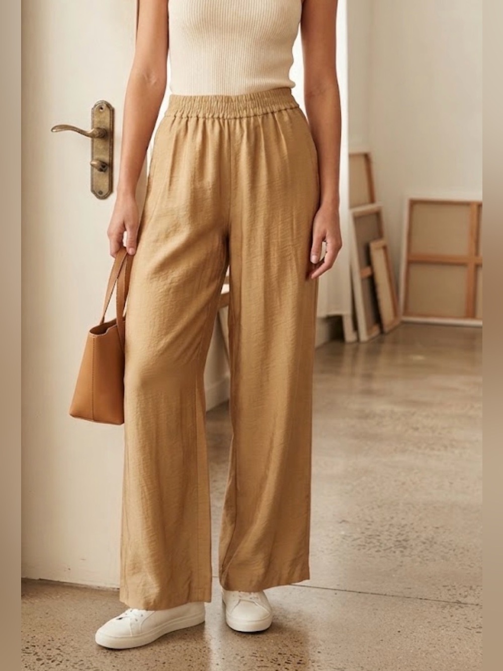 Quiet Luxury Tan Satin-Finish Wide-Leg Trousers, Size S